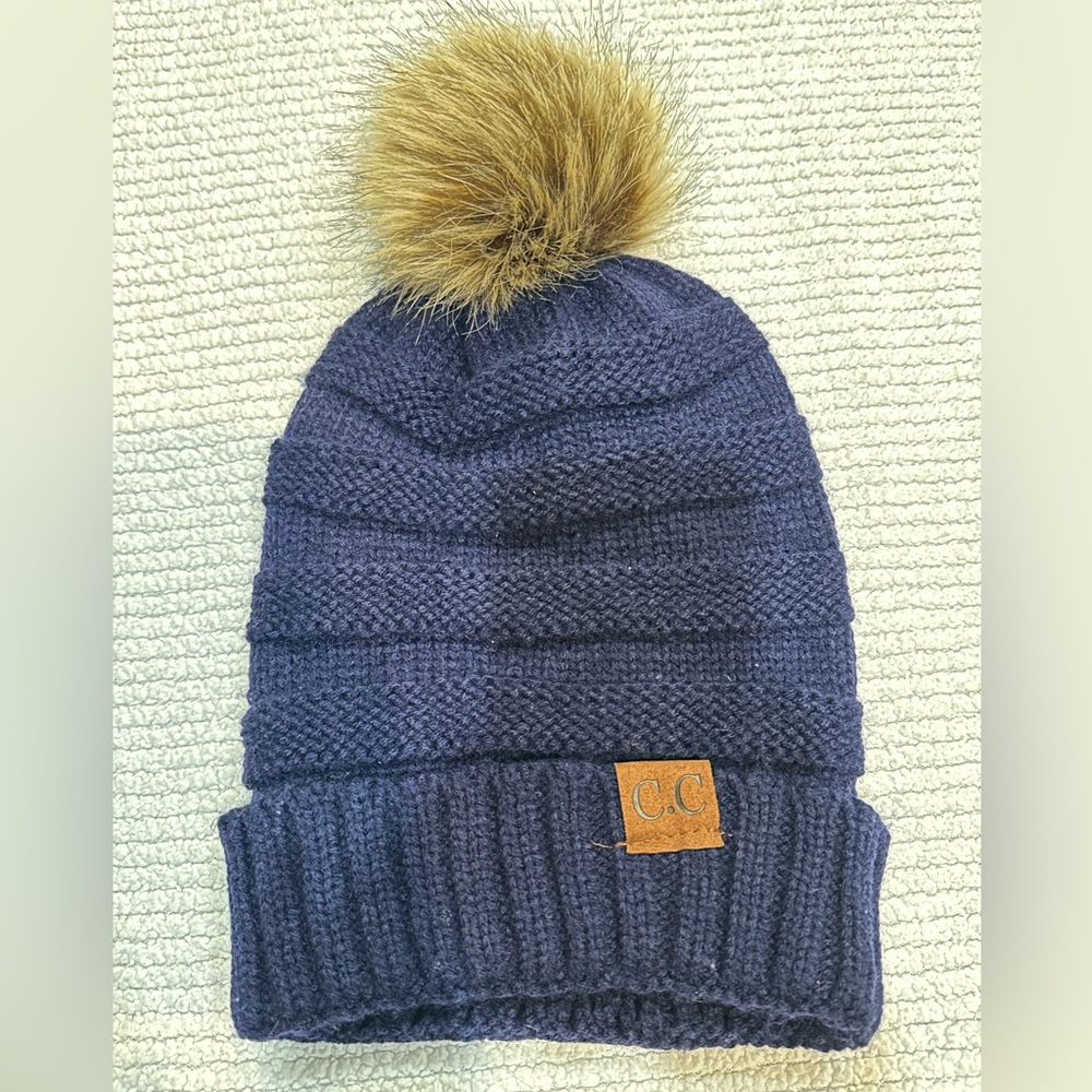 C.C Navy Unisex Chunky Soft Stretch Cable Knit Winter Hat with Faux Fur PomPom